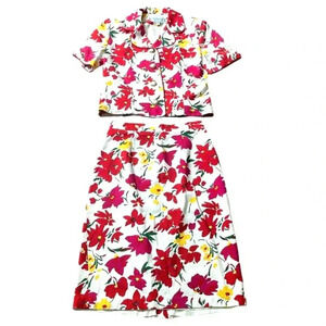 Gay Boyer floral print skirt suit VTG Lined Size 10 Spring Cotton Vibrant Classy